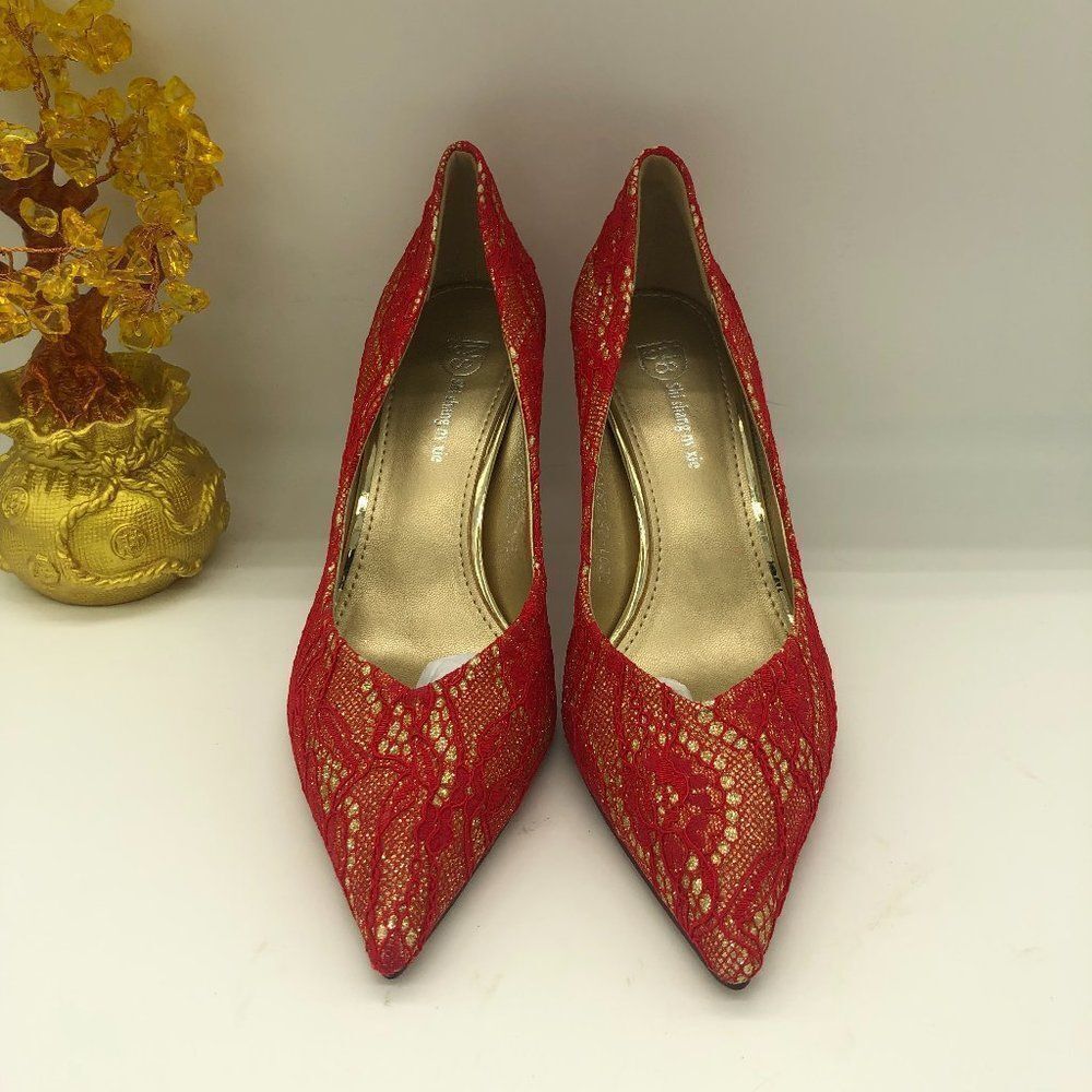 Red Women Low Kitten Heel Pumps Pointed Toe Dress Shoes